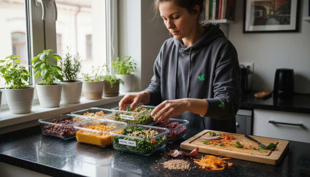 O femeie pregătește meniuri vegane pentru întreaga săptămână, organizându-se eficient într-o bucătărie mică.