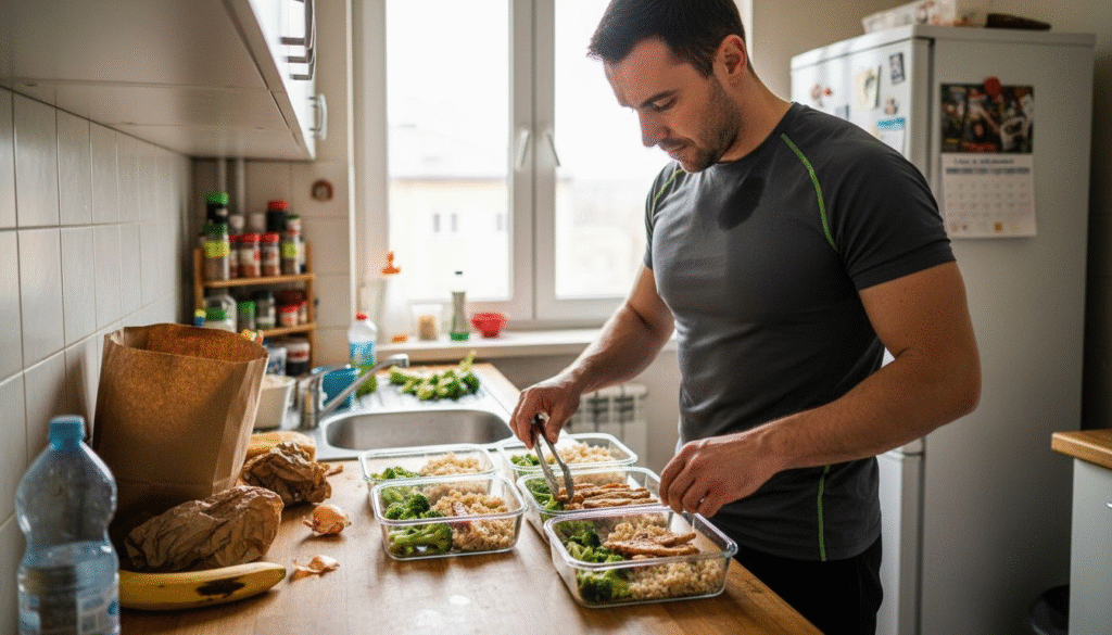 Un bărbat își pregătește mesele sănătoase pentru a se menține în formă, chiar în bucătăria sa.
