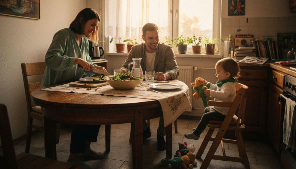 O familie se bucură de o masă pregătită după un plan alimentar creat special pentru ei.
