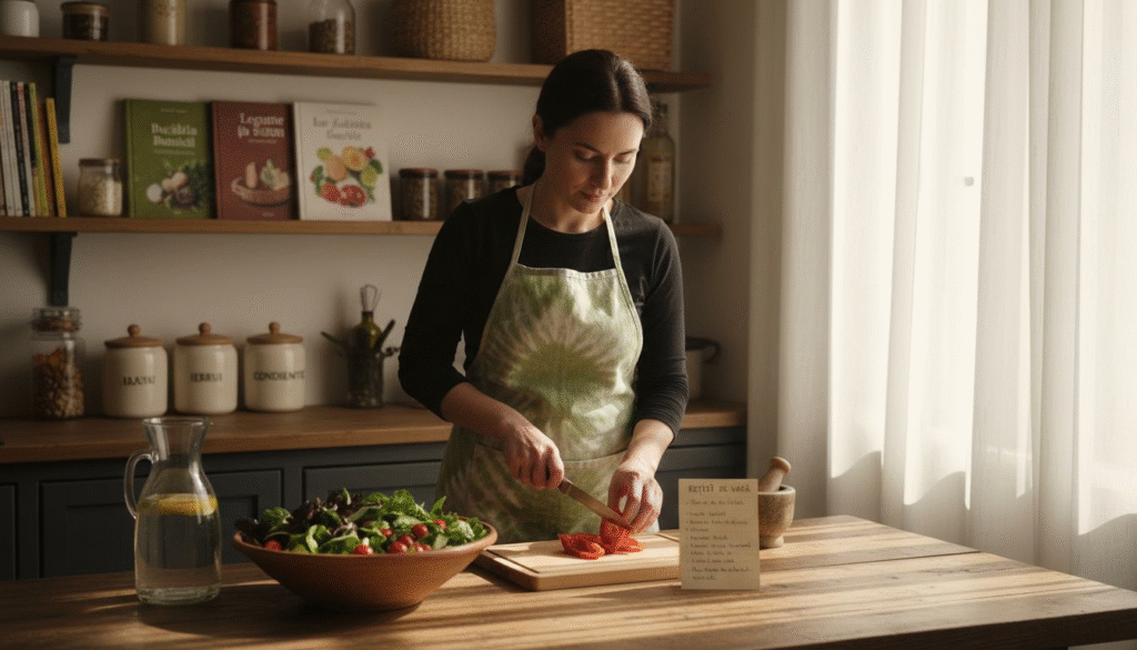 O femeie gătește acasă un prânz vegetarian.