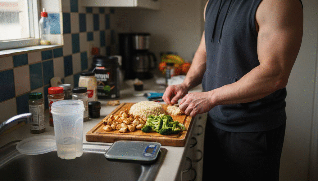 Bodybuilder preparing balanced meal in kitchen