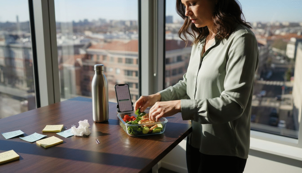 Busy professional meal prepping at office desk