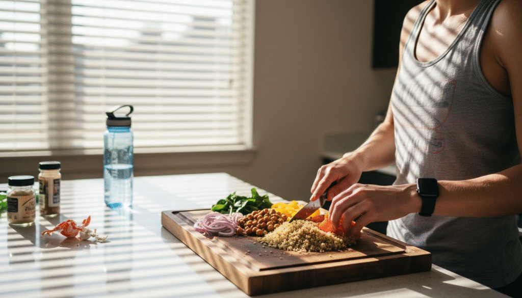 Athlete prepping vegan meal in kitchen