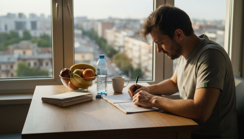 Un bărbat își notează ce a mâncat, stând la masă cu jurnalul alimentar în față.