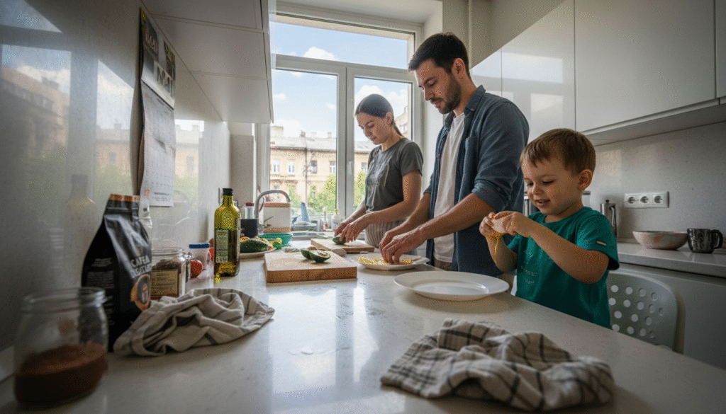 O familie pregătește acasă preparate keto în bucătărie.
