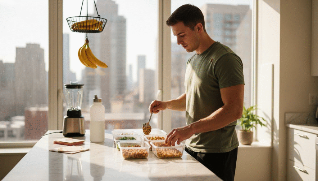 Athlete prepping vegan meals in kitchen