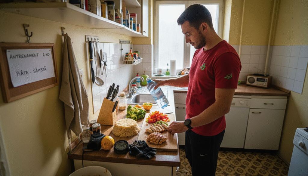 Un sportiv din București își pregătește masa specială pentru antrenament chiar în bucătăria proprie.