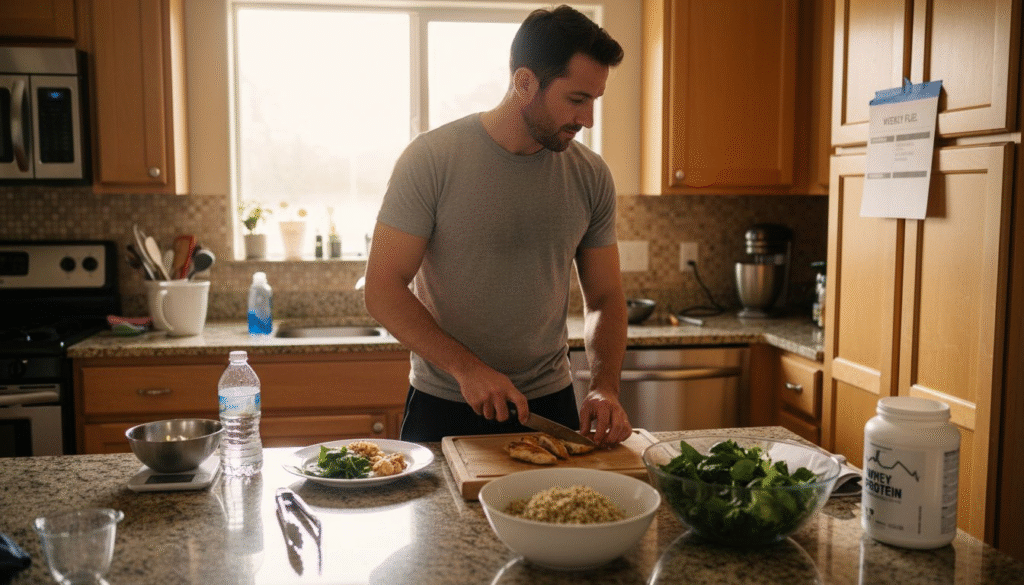 Athlete preparing healthy meal in kitchen
