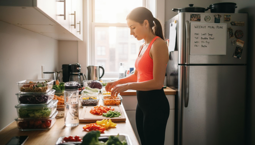 Active woman prepping vegan meals in kitchen