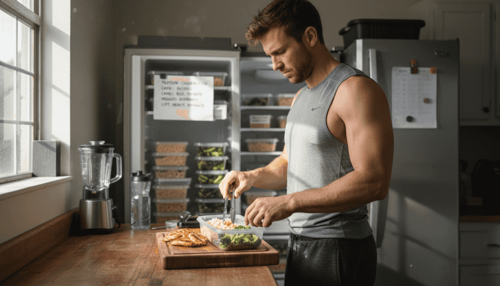 Athlete preparing balanced fitness meal