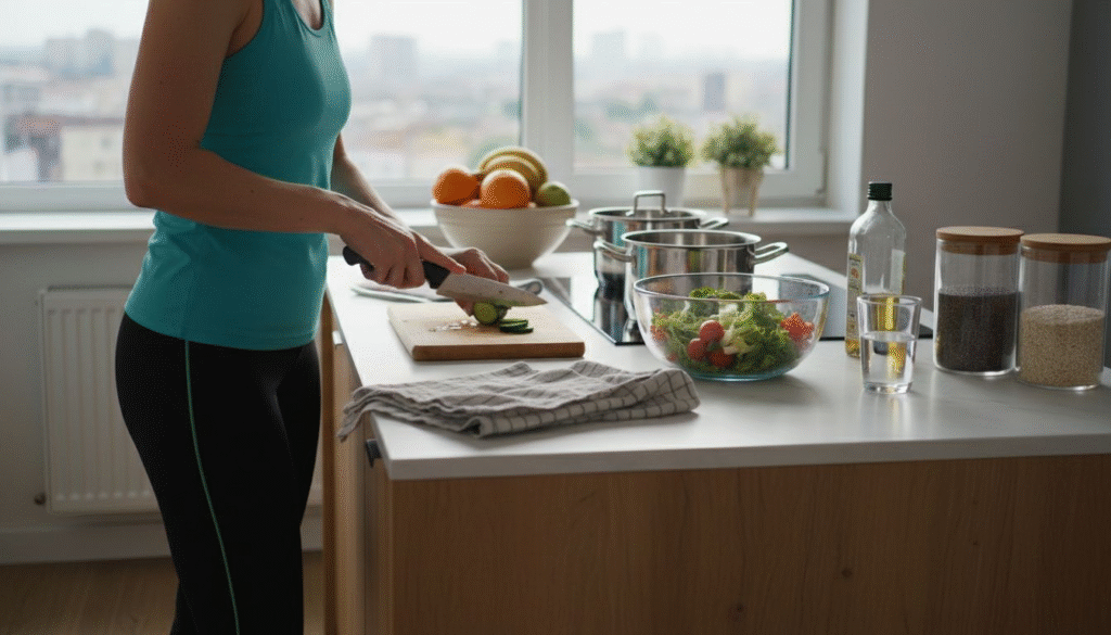 O femeie gătește în bucătărie o masă sănătoasă și echilibrată pentru familie.