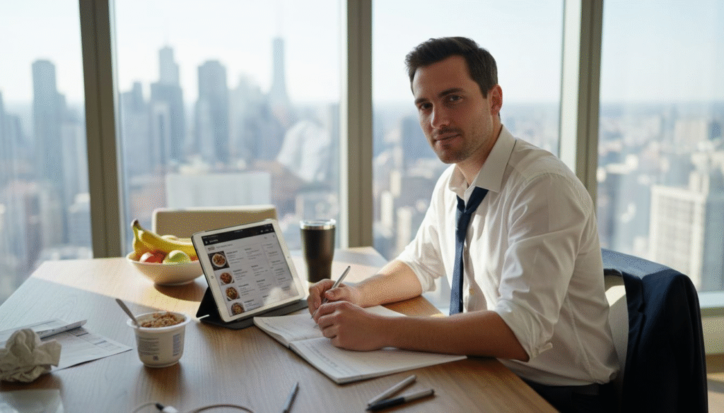 Professional planning healthy meals in kitchen