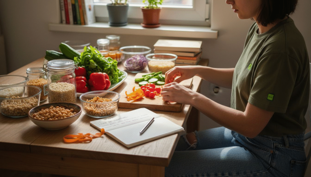 O persoană pregătește o masă vegană la masa din bucătărie.