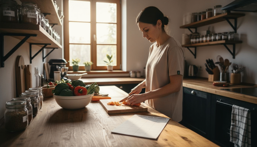 O femeie gătește legume într-o bucătărie ordonată și bine pusă la punct.
