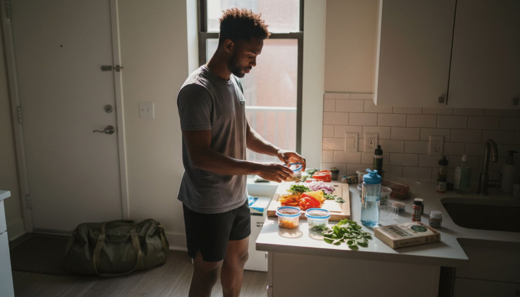 Vegan athlete preparing quick meal in city kitchen
