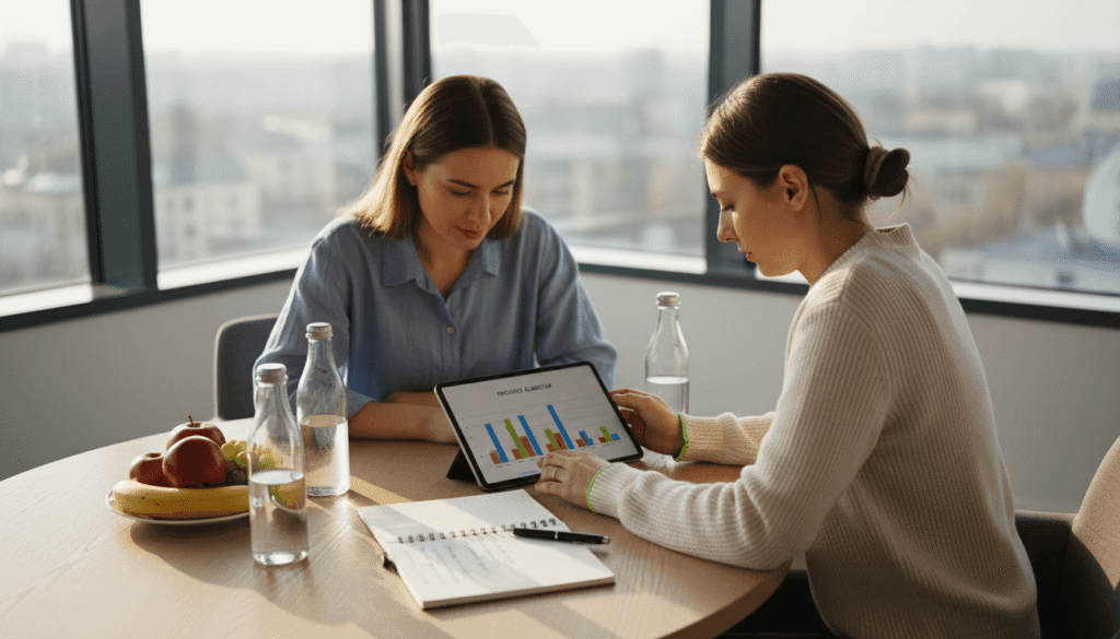 Discuție personalizată pe tema alimentației între nutriționist și clientă