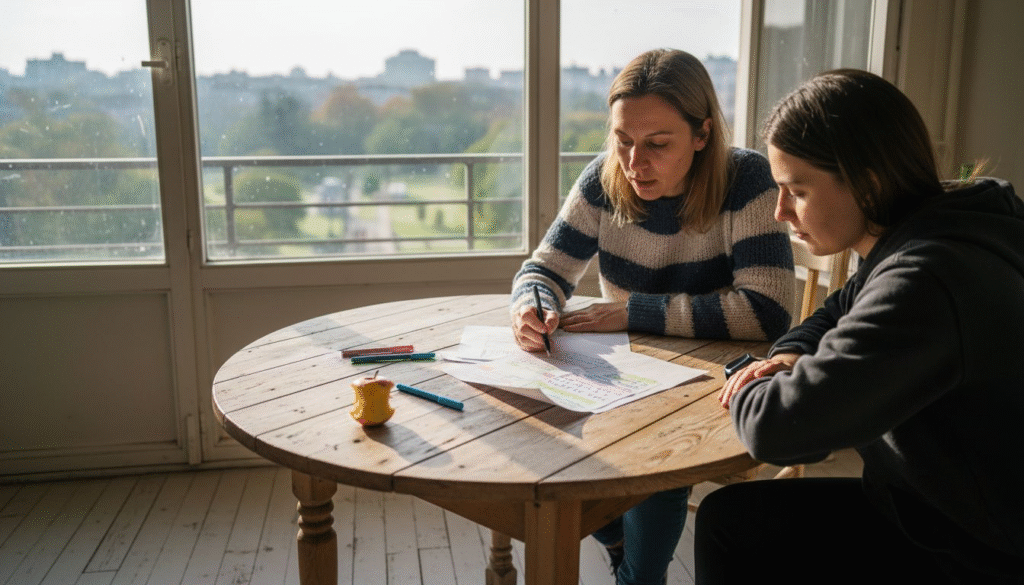Coach and client reviewing meal plan in bright office