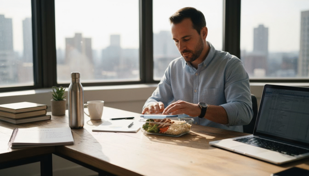 Professional opening healthy lunch at office desk