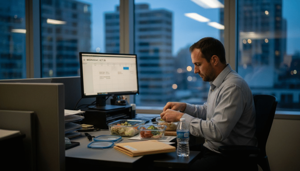 Professional packing meal at office desk