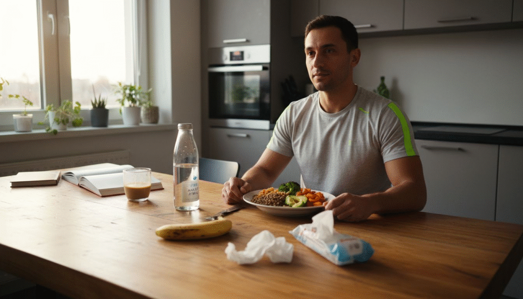 Un sportiv vegan ia masa la o masă albă, într-o încăpere plină de lumină.