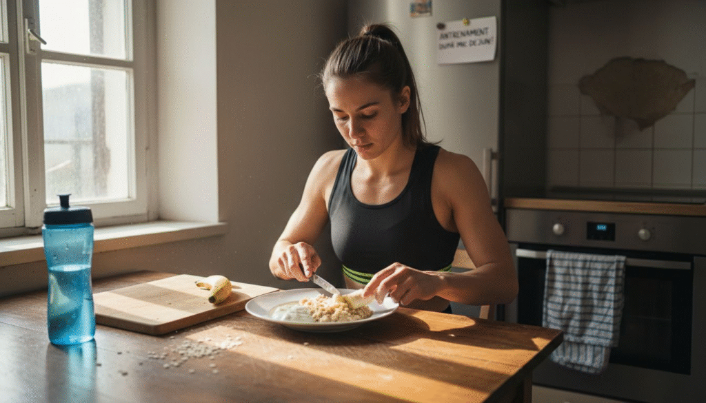 O femeie își pregătește o masă echilibrată înainte de antrenament, alegând cu grijă alimente care să-i ofere energie și să-i susțină efortul fizic.