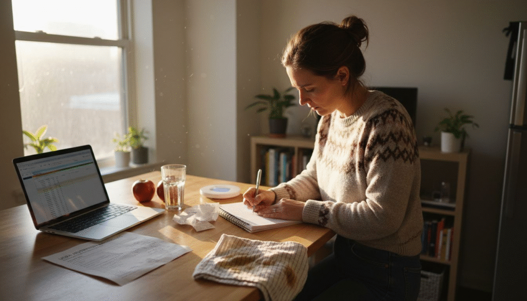 Woman planning nutrition at kitchen island