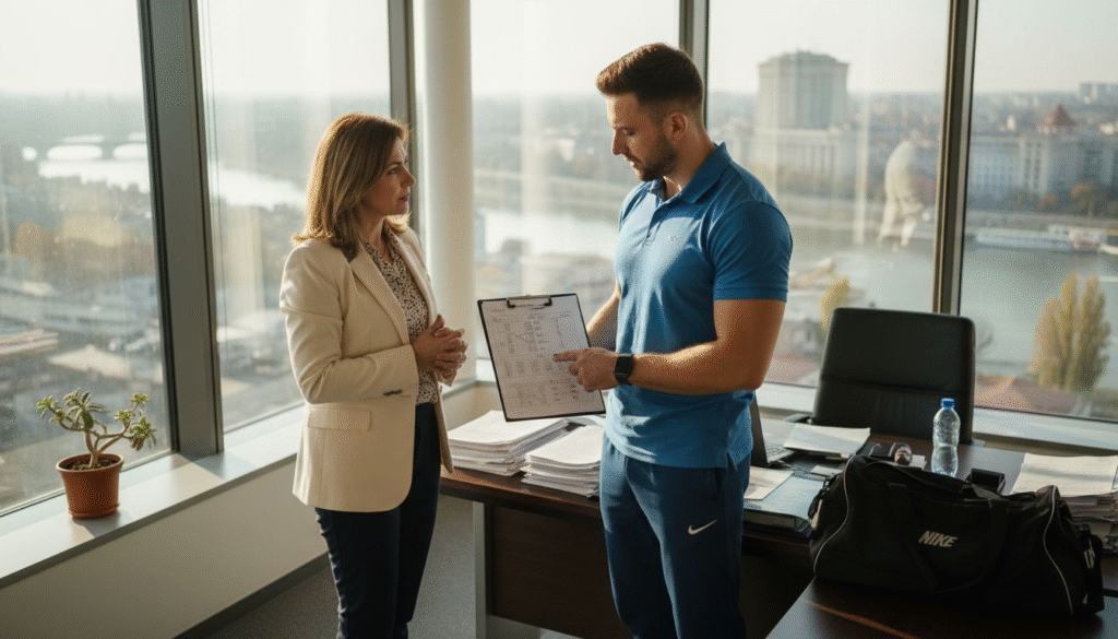 Coach consulting client in city office