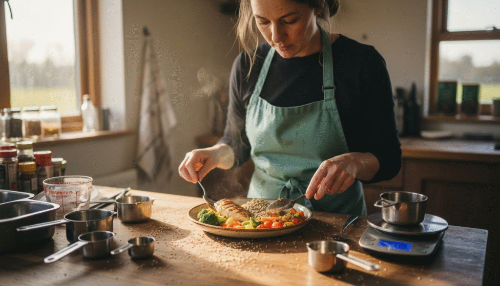 Nutritionist preparing balanced chicken quinoa meal