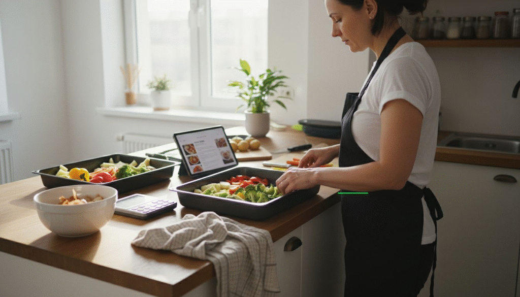 O doamnă pregătește feluri de mâncare personalizate chiar la ea în bucătărie.