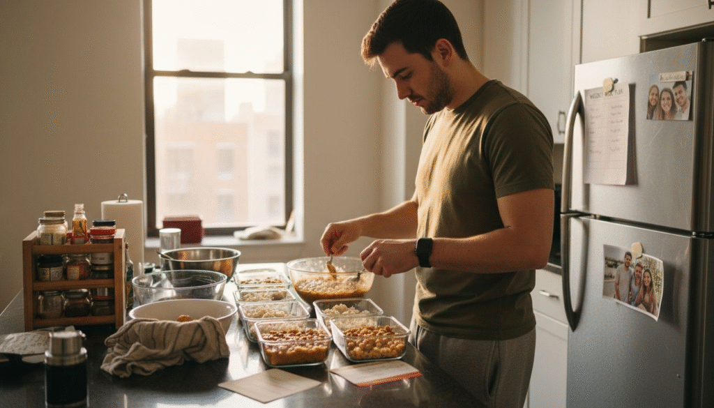 Young man meal prepping vegetarian dishes