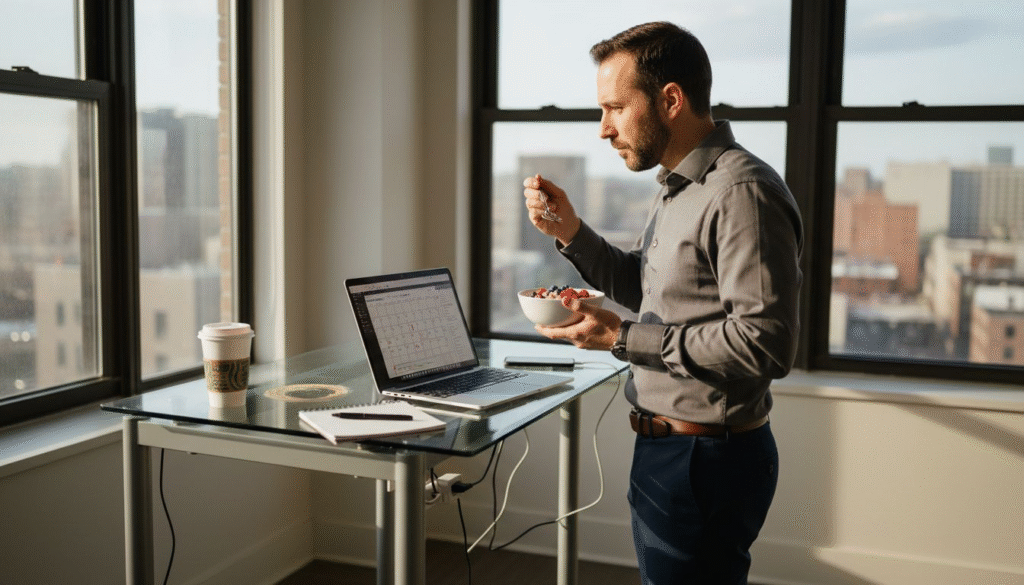 Professional eating healthy breakfast in bright office