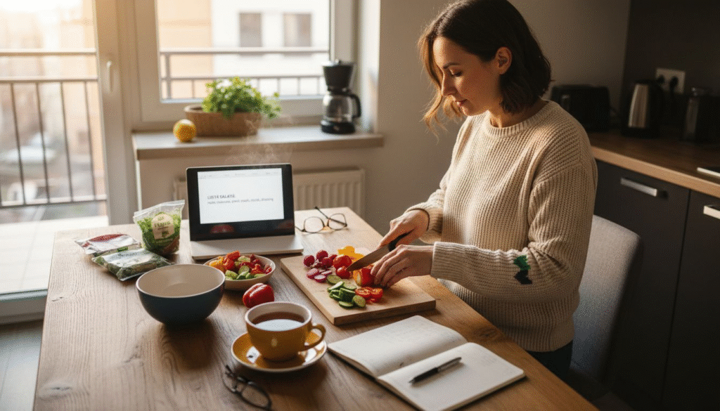 O femeie care gătește acasă o masă special adaptată după gusturile fiecărui membru al familiei.