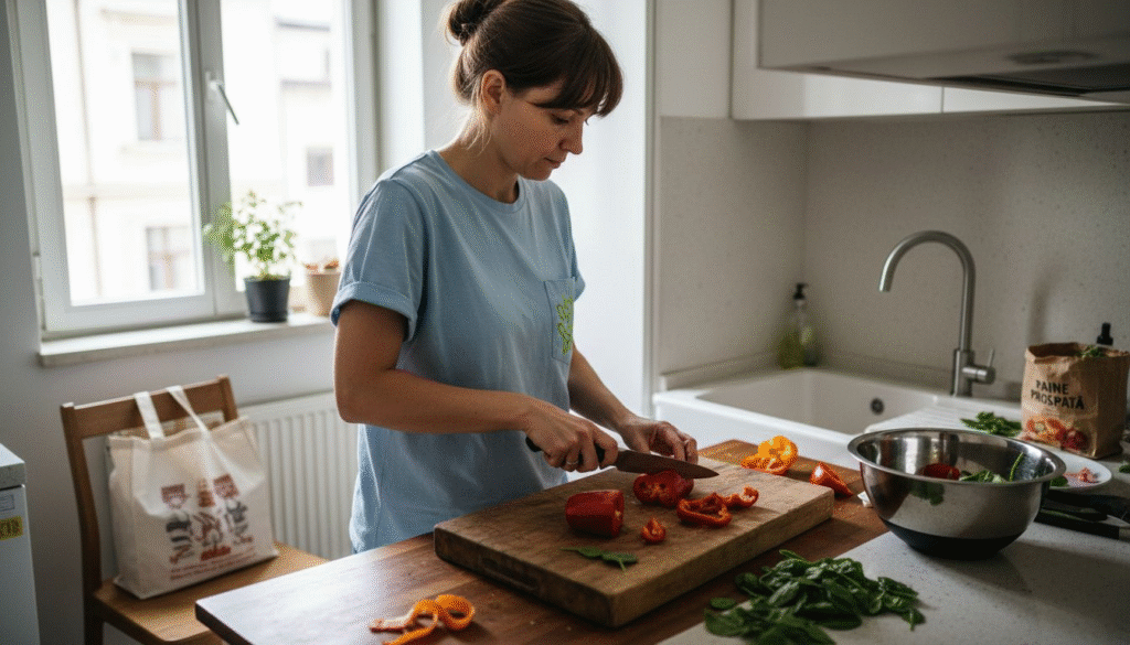 O femeie pregătește legume proaspete în bucătărie, gata să gătească o masă sănătoasă.