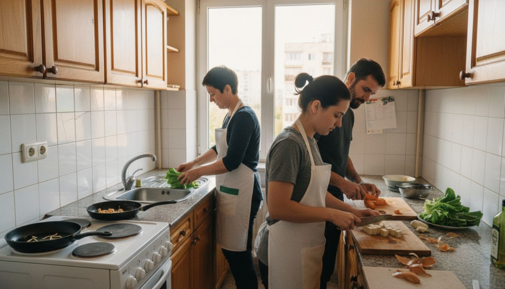 O familie se adună în bucătărie și pregătește împreună rețete vegane delicioase.