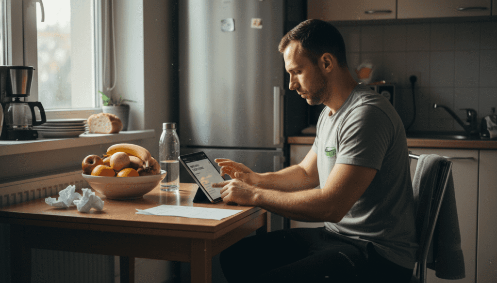 Un bărbat își face planul alimentar pentru fitness, așezat la masa din bucătărie, analizând ce va mânca în săptămâna următoare.