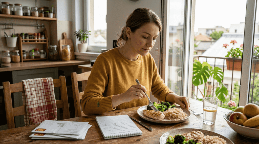 O femeie pregătește o masă sănătoasă și echilibrată, aranjând cu grijă ingredientele pe masa din bucătărie.