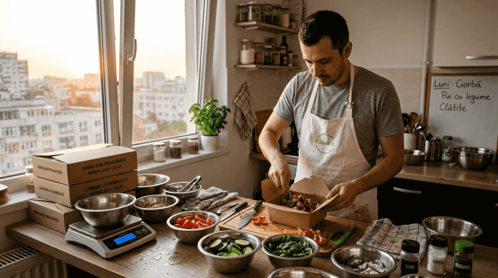 Un bărbat își pregătește acasă porții gata de servit pentru mese rapide.