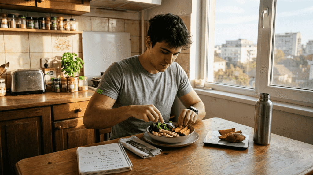 Un bărbat pregătește la masa din bucătărie o masă bogată în proteine, special gândită pentru creșterea masei musculare.