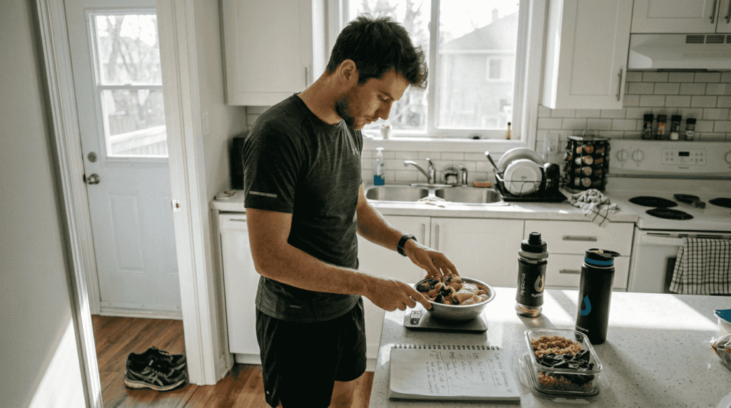 Bărbat care își cântărește porțiile de mâncare pentru a-și ține sub control dieta de fitness