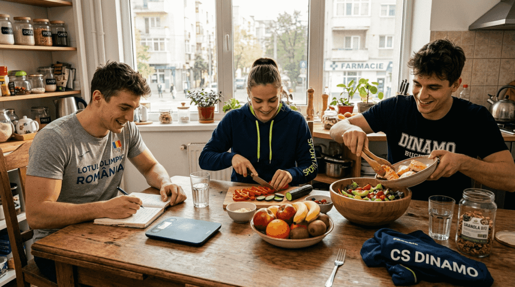 Sportivi care își pregătesc micul dejun adaptat nevoilor lor