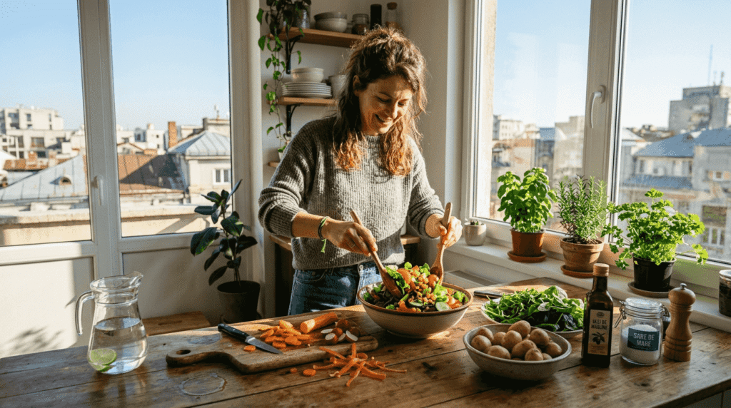 O femeie gătește o masă echilibrată într-o bucătărie scăldată de lumina soarelui.