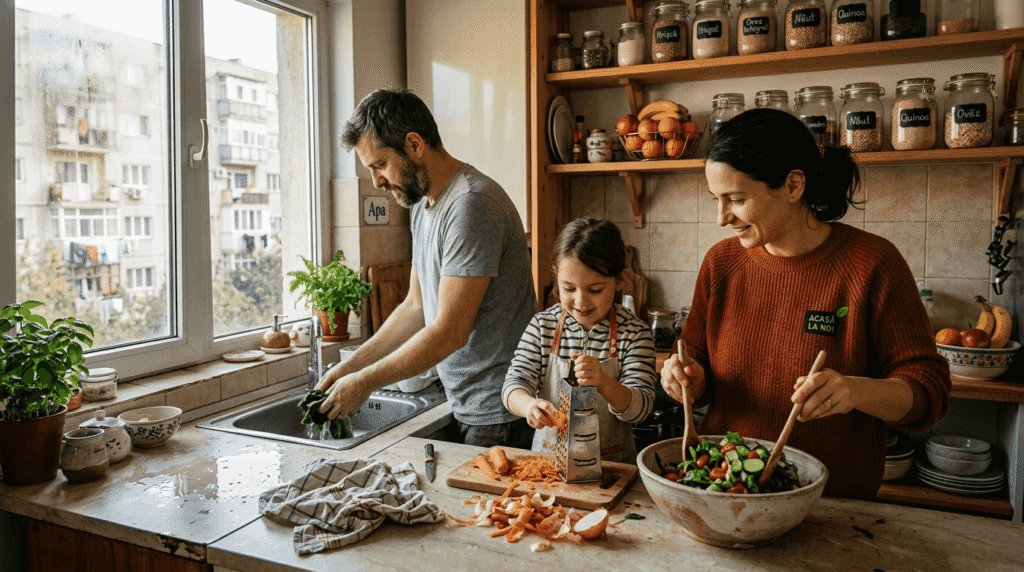 Întreaga familie se strânge în bucătărie și pregătește împreună o masă sănătoasă, bucurându-se de timpul petrecut alături.