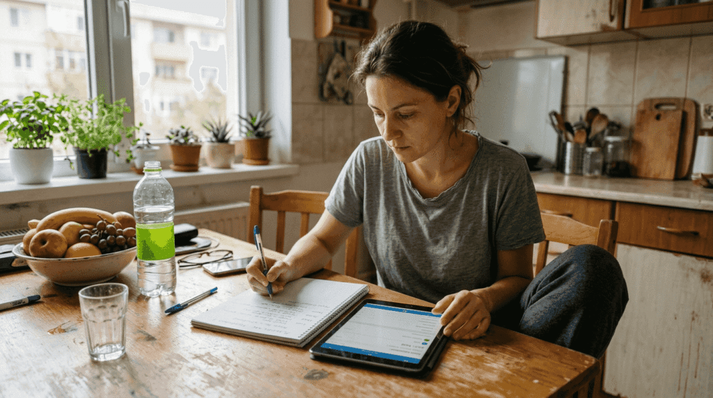 O femeie își face planul pentru meniul zilei, chiar acolo, în bucătărie.