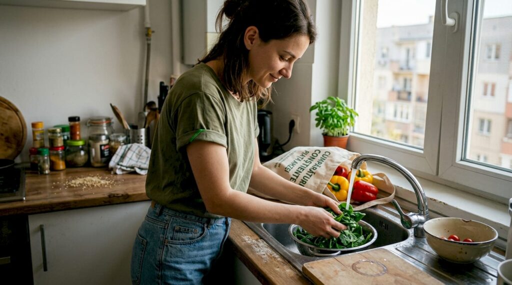 O femeie gătește și taie legume într-o bucătărie mică, pregătind masa cu grijă.