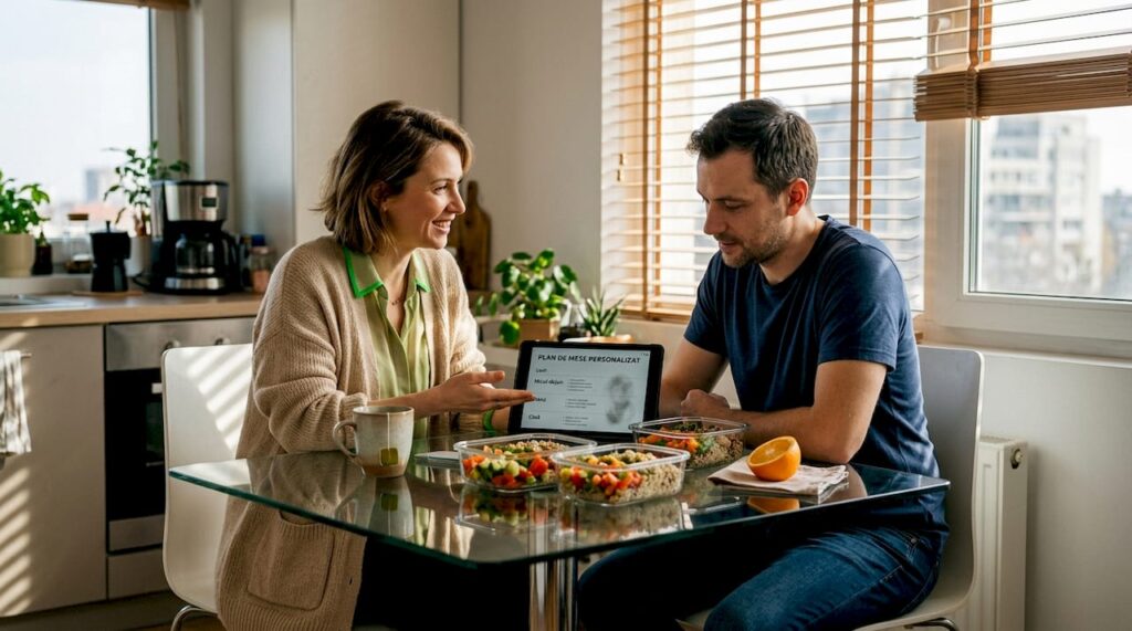 Nutriționistul discută împreună cu clientul planul alimentar personalizat, analizând fiecare masă pentru a se asigura că răspunde nevoilor și preferințelor acestuia.