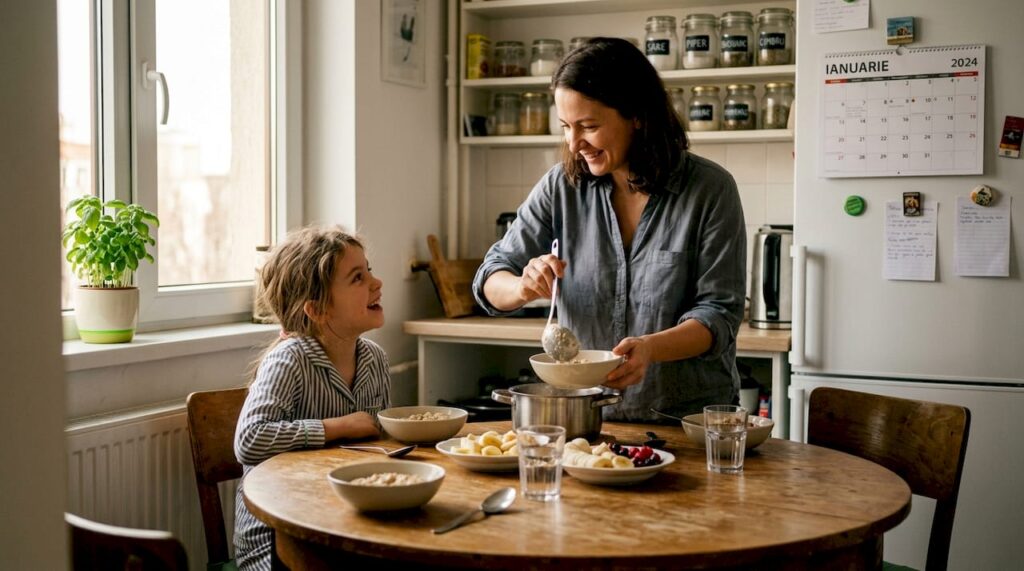 O familie se bucură de un mic dejun sănătos împreună, la masa din bucătărie.