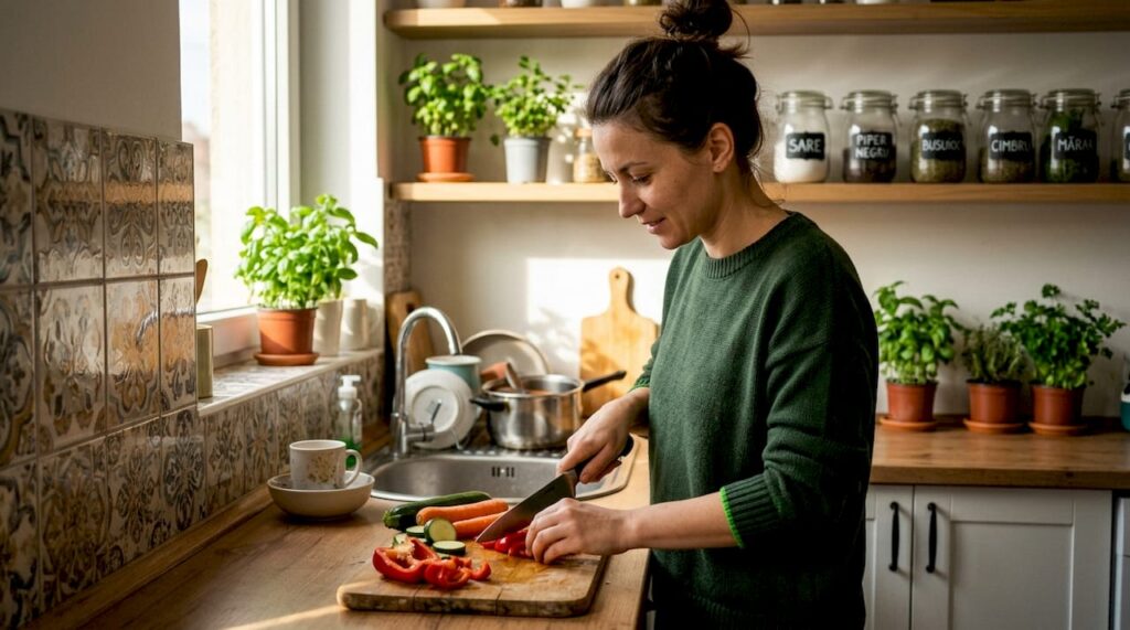 O femeie pregătește legume proaspete într-o bucătărie dedicată alimentației vegane.