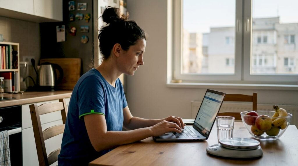 O femeie își completează evaluarea alimentară în confortul propriei case.