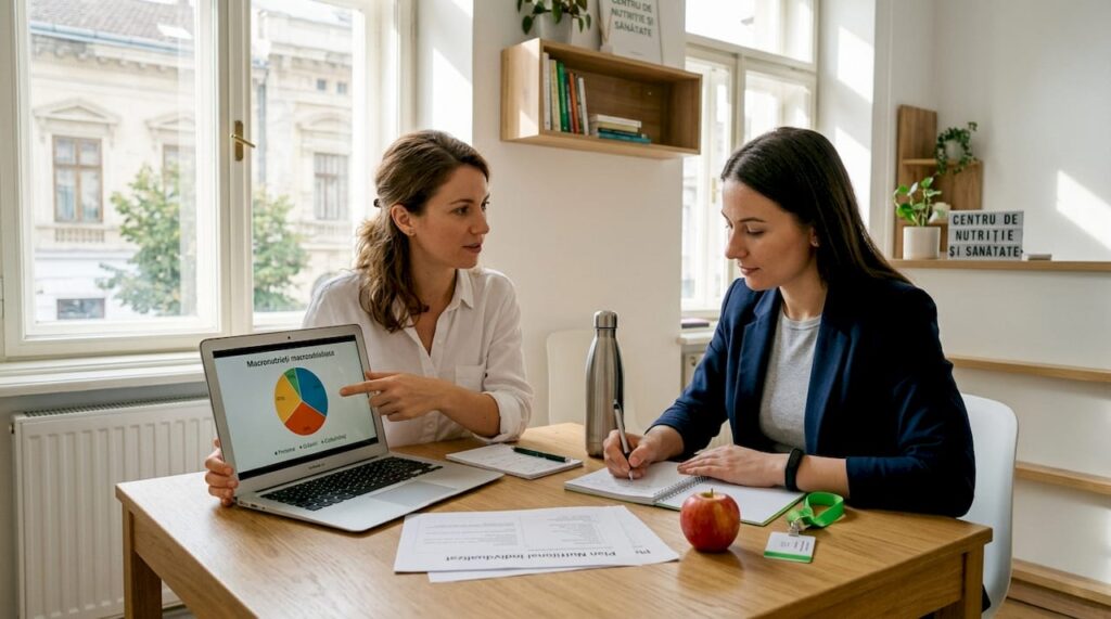 Nutriționistă oferind consultanță unui client în cabinetul său din București