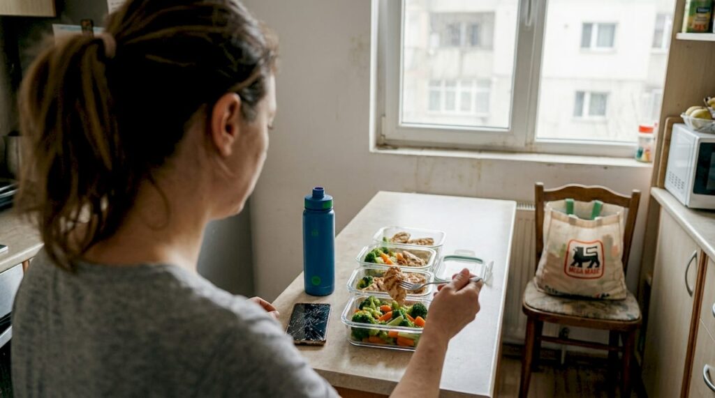 O femeie își pregătește porțiile de mâncare personalizate în bucătărie, având grijă ca fiecare masă să fie adaptată nevoilor ei.